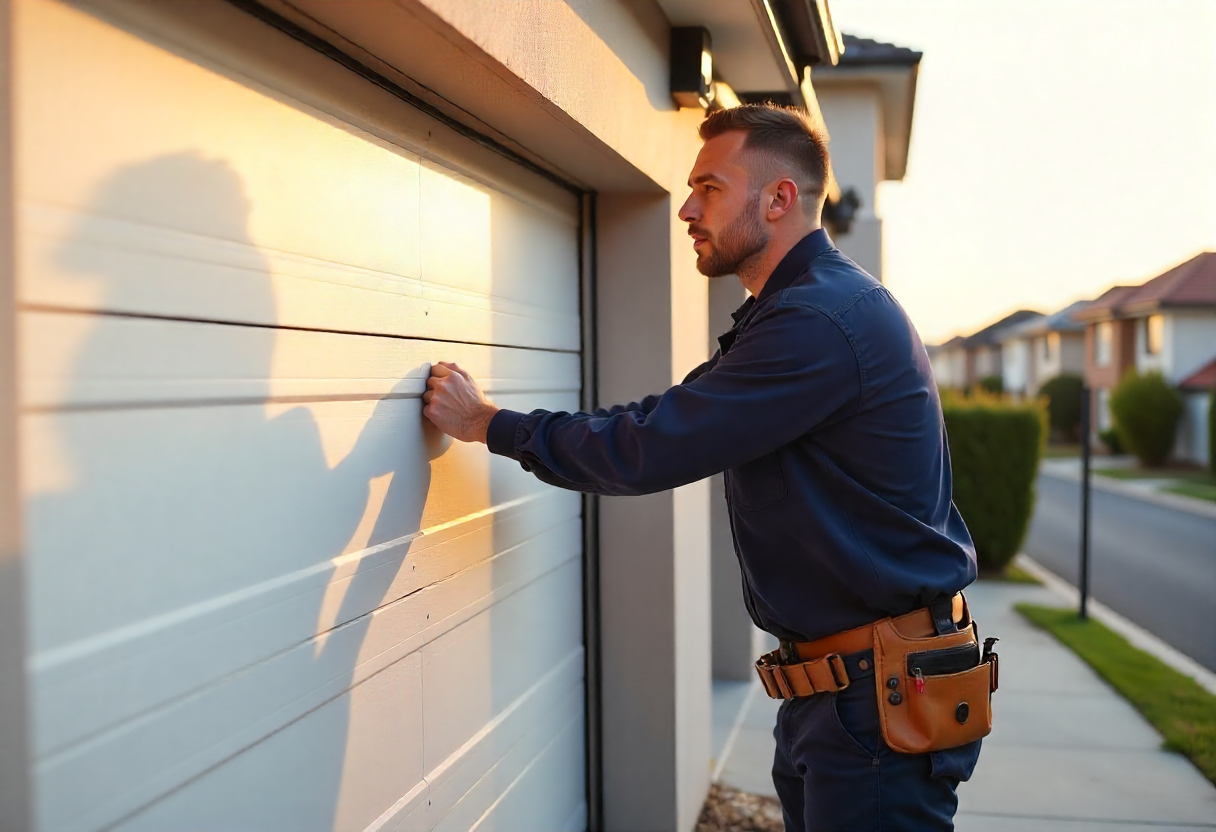 repairing a tilted white sectional garage door on a modern Sylvania suburban hom